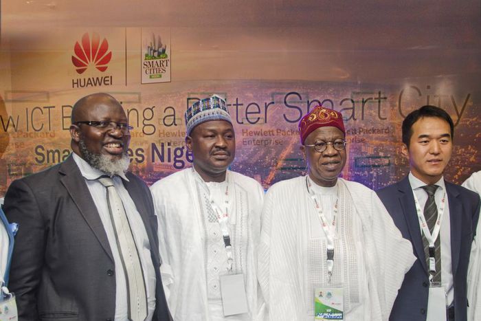 From left to right: Minister of Communication Barrister Adebayo Shittu, Senator Isah Hamma Musa, Minister of Information and Culture Lai Mohammed and the Managing Director of Huawei Technologies Nigeria Limited Mr. Tank Li during the Smart Cities Summi...