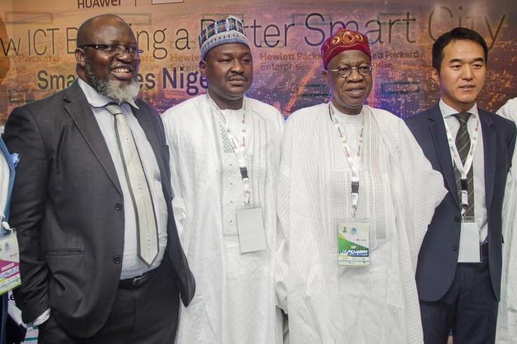From left to right: Minister of Communication Barrister Adebayo Shittu, Senator Isah Hamma Musa, Minister of Information and Culture Lai Mohammed and the Managing Director of Huawei Technologies Nigeria Limited Mr. Tank Li during the Smart Cities Summi...
