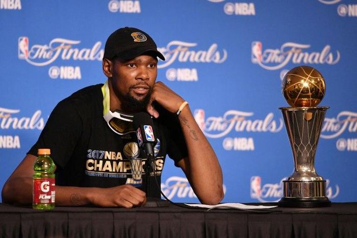 Kevin Durant of the Golden State Warriors speaks at the press conference after his teams 129-120 victory over the Cleveland Cavaliers in Game 5 to win the 2017 NBA Finals at ORACLE Arena on June 12, 2017 in Oakland, California