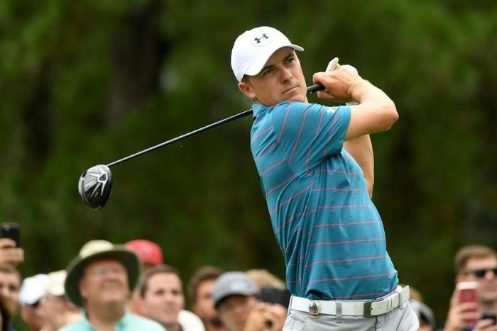 Jordan Spieth hits off a tee during a practice round prior on August 7, 2017 in Charlotte, North Carolina