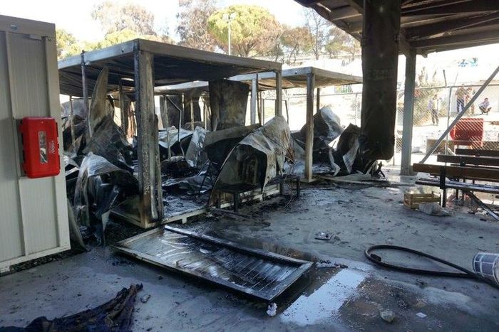 Containers used as an office by asylum officials destroyed by a fire in the Moria hotspot on the island of Lesbos, Greece on October 24, 2016