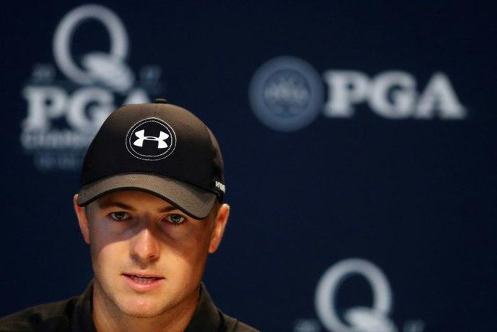 Jordan Spieth speaks to the press before the PGA Championship at Quail Hollow Club in Charlotte, North Carolina, on August 9, 2017