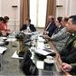 President Juan Manuel Santos (C) chairing a meeting with Foreign Minister Maria Angela Holguin (1-L), Defense Minister Luis Carlos Villegas (1-R) to review information about alleged Venezuelan military incursion near the border between both countries