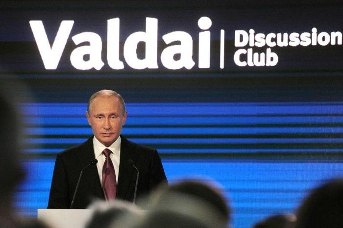 Russian President Vladimir Putin gives a speech at a Valdai Discussion Club meeting of political scientists in Sochi on October 27, 2016