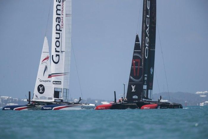 Team France and Oracle Team USA compete on the forth day of the Louis Vuitton Americas Cup Qualifiers on May 30, 2017 on Bermuda's Great Sound