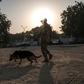 A Nigerian soldier with his sniffer dog patrols on January 18, 2017