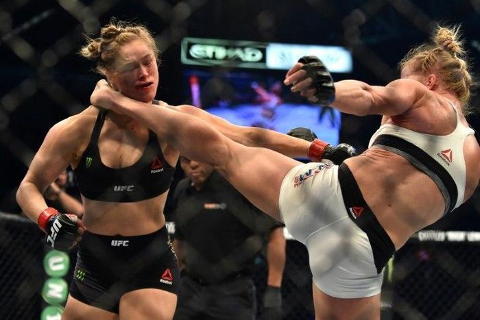 Holly Holm (right) knocked out Ronda Rousey with a kick to the head during their 2015 UFC title fight in Melbourne
