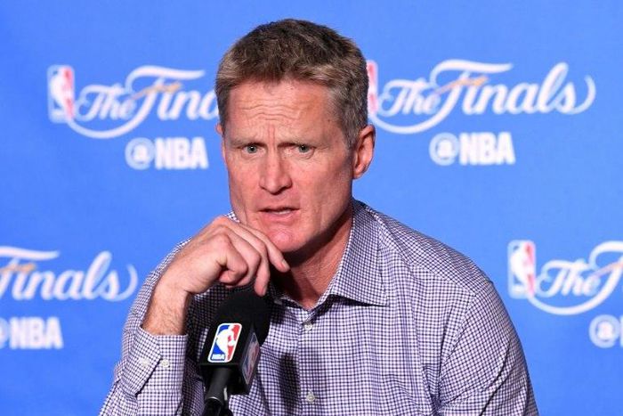 Steve Kerr of the Golden State Warriors speaks at a post-game press conference following their 132-113 win over the Cleveland Cavaliers in game two of the 2017 NBA Finals, at ORACLE Arena in Oakland, California, on June 4