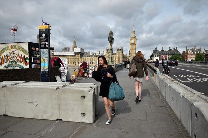 Newly installed barriers on Westminster Bridge in London on Monday. A car drove into pedestrians on the bridge on March 22 in a terrorist attack. 