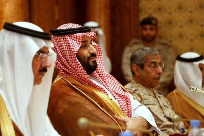 Saudi Deputy Crown Prince Mohammed bin Salman (C) attends a meeting with US Defence Secretary Jim Mattis in Riyadh on April 19, 2017