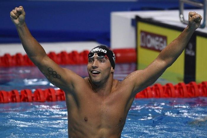 Italy's Gabriele Detti celebrates after winning the men's 800m freestyle final during the swimming competition at the 2017 FINA World Championships in Budapest, on July 26, 2017