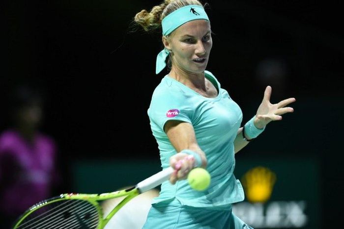 Russia's Svetlana Kuznetsova plays against Karolina Pliskova of the Czech Republic during the WTA finals tennis tournament on October 26, 2016 in Singapore