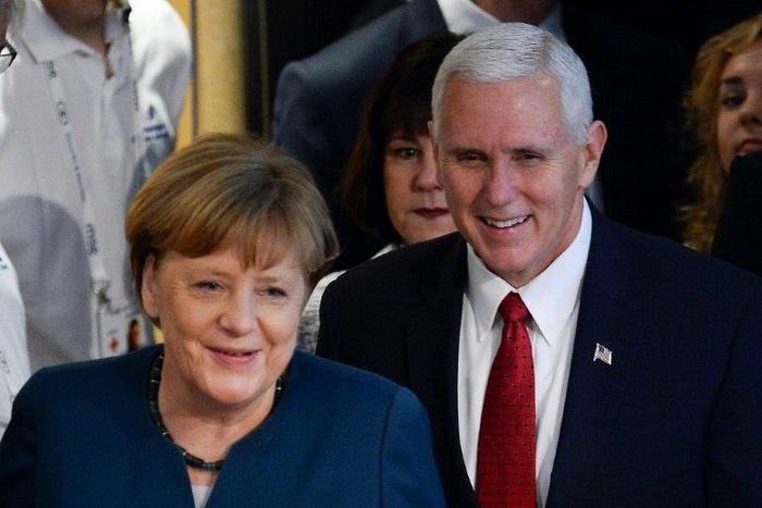 German Chancellor Angela Merkel and US Vice President Mike Pence pictured in Munich, southern Germany, on February 18, 2017