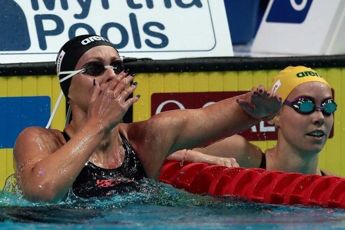 Italy's Federica Pellegrini celebrates after winning the women's 200m freestyle final during the swimming competition at the 2017 FINA World Championships in Budapest, on July 26, 2017