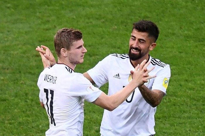Germany forward Timo Werner (left) celebrates with team-mate Kerem Demirbay after scoring in the Confederations Cup clash with Cameroon in Sochi on June 25, 2017
