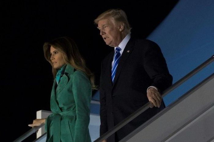US President Donald Trump and First Lady Melania Trump arrive on Air Force One at Warsaw Chopin Airport in Warsaw, Poland, July 5, 2017, as they begin a 4-day trip to Poland and Germany