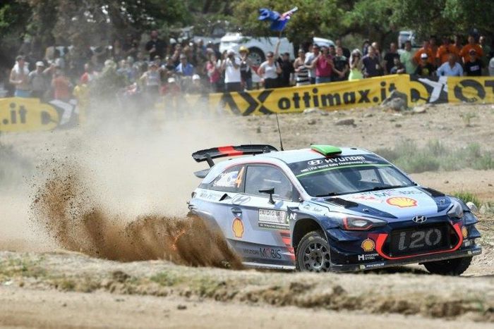 New Zealand's driver Hayden Paddon and co-driver John Kennard, steer their Hyundai i20 Coupe WRC during the "Arena" at Coiluna Loelle, on the third day of the 2017 FIA World Rally Championship in Sardegna, on June 10, 2017