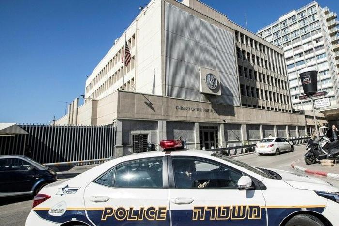 The exterior of the US Embassy building in the Israeli coastal city of Tel Aviv