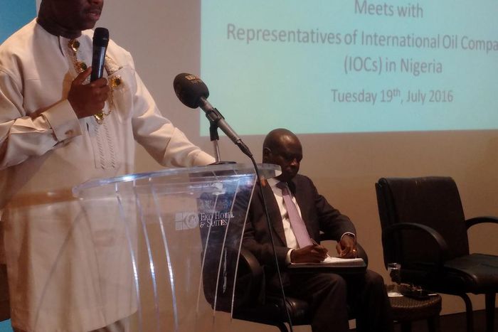 Dr. Dakuku Peterside, Director General of NIMASA addressing the representatives of the International Oil Companies (IOCs) operating in Nigeria at an engagement at Eko Hotel Lagos.
