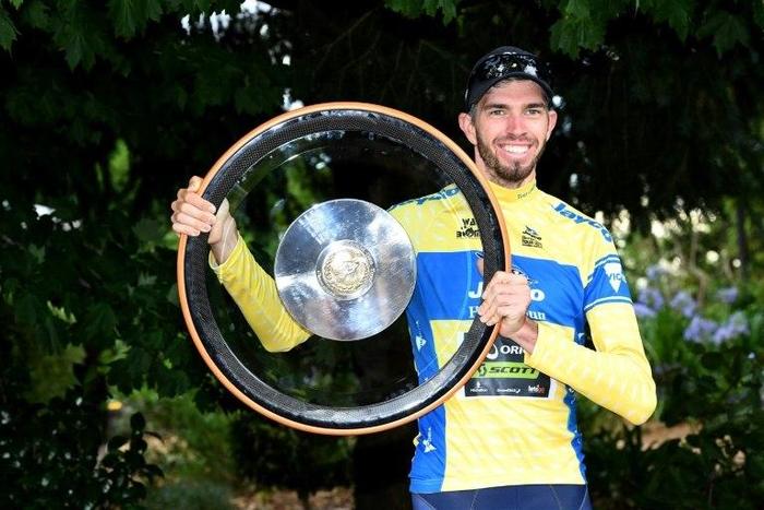 Australia's Damien Howson of Orica-Scott holds the 2017 Herald Sun Tour trophy after winning the overall cycling event, in Melbourne, on February 5, 2017