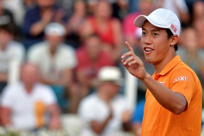 Kei Nishikori of Japan gestures as he plays against Juan Martin Del Potro of Argentina during the ATP Tennis Open tournament on May 18, 2017 at the Foro Italico in Rome, Italy