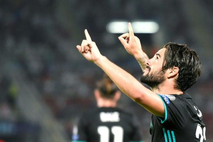 Real Madrid's midfielder Isco celebrates after scoring on August 8, 2017, at the Philip II Arena in Skopje