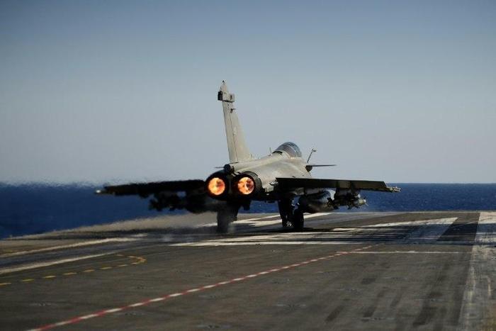 A Marine Rafale jet fighter departs from the French aircraft carrier Charles de Gaulle on the Mediterranean Sea in October 2016