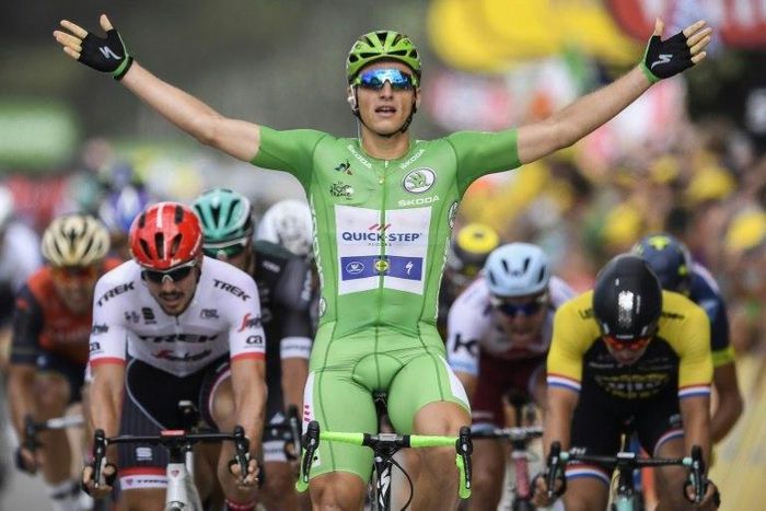 Germany's Marcel Kittel celebrates as he crosses the finish line at the end of the tenth stage of the Tour de France on July 11, 2017