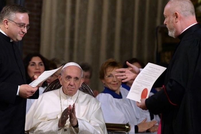 Pope Francis attends a ceremony during his visit to the All Saints' Anglican Church in Rome on February 26, 2017