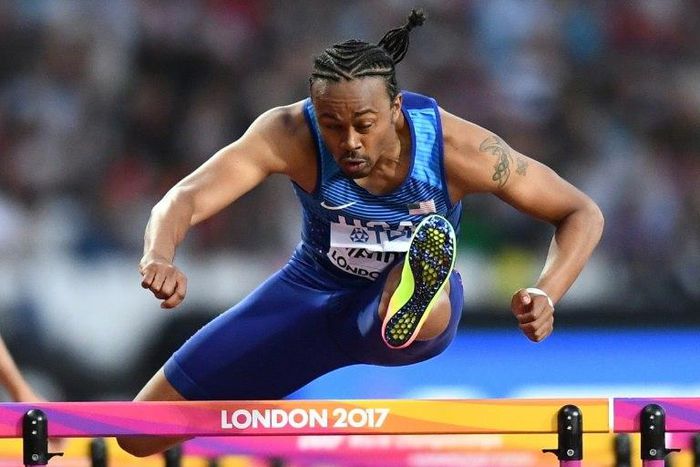 US athlete Aries Merritt competes in the 110m hurdles at the 2017 IAAF World Championships in London