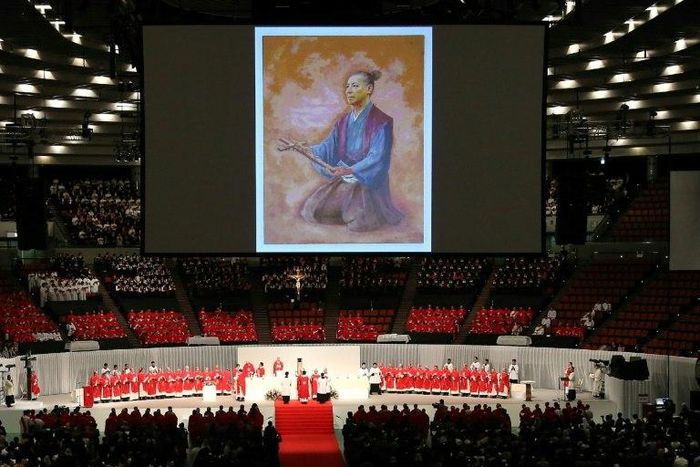 An illustration of Christian Samurai Takayama Ukon (1553-1615) -- as depicted by Japanese artist Kazuko Mimaki -- is projected onto a screen during a beatification ceremony in Osaka, on February 7, 2017