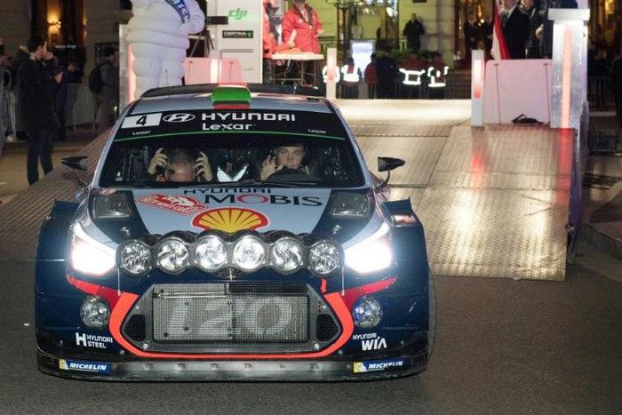 New Zealand driver Hayden Paddon and co-driver John Kennard take the start of the 85th Monte Carlo Rally on January 19, 2017