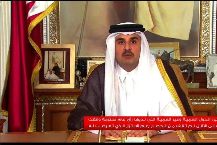 An image grab taken from Qatar TV shows the Emir of Qatar, Sheikh Tamim bin Hamad al-Thani, delivering a televised speech to the nation in the capital Doha on July 21, 2017