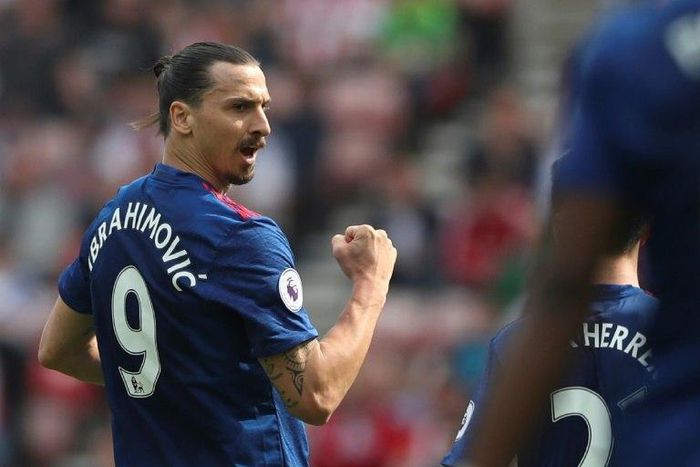 Manchester United's Zlatan Ibrahimovic celebrates scoring the opening goal against Sunderland on April 9, 2017