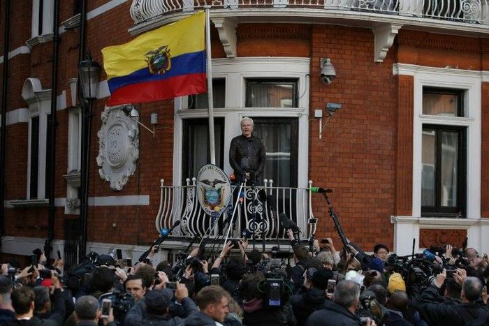 Wikileaks founder Julian Assange speaks on the balcony of the Embassy of Ecuador in London on May 19, 2017
