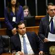 Jair Bolsonaro (R), standing next to Brazil's lower house president Rodrigo Maia, addresses Congress before being sworn in as Brazil's new president on January 1, 2019