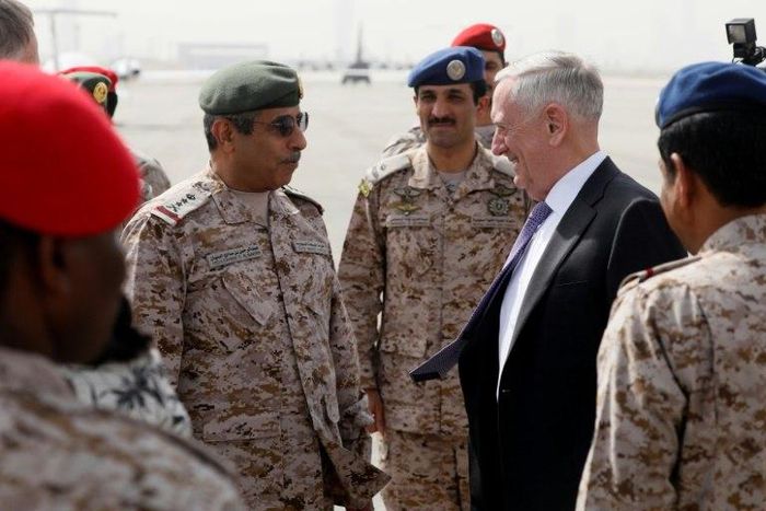 Saudi Armed Forces Chief of Joint Staff General Abdul Rahman al-Banyan welcomes US Defence Secretary Jim Mattis to Riyadh on April 18, 2017