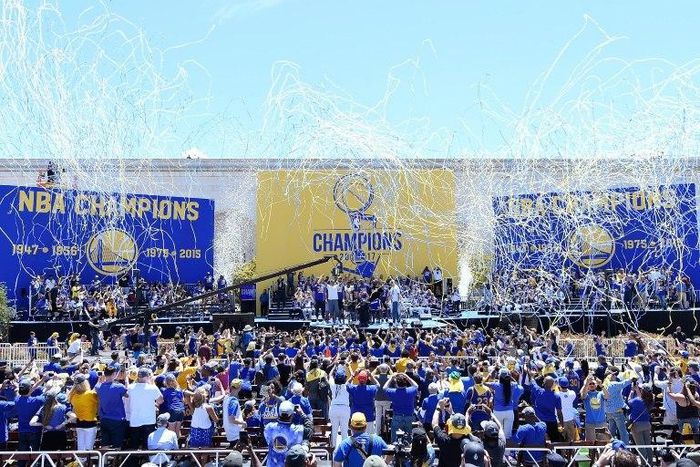 The Golden State Warriors celebrate their 2017 NBA Championship with fans at The Henry J. Kaiser Convention Center in Oakland, California