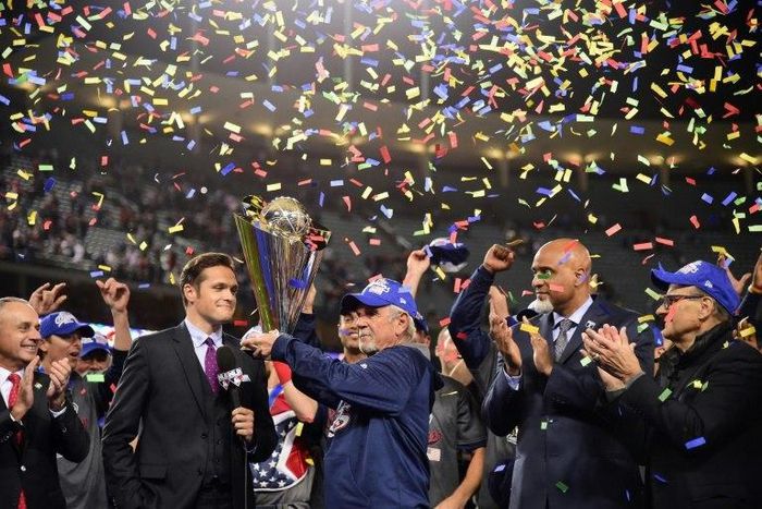 Jim Leyland, manager of team United States, accepts the trophy after their 8-0 win over team Puerto Rico in the 2017 World Baseball Classic