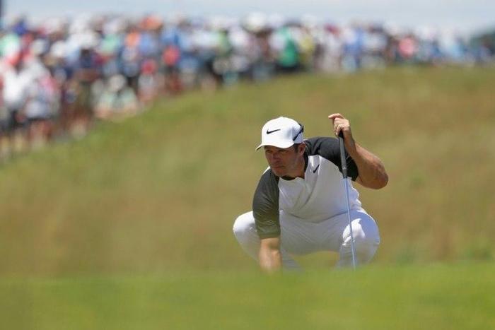 Paul Casey of England lines up a putt on the ninth green during the second round of the 2017 US Open at Erin Hills on June 16, 2017 in Hartford, Wisconsin
