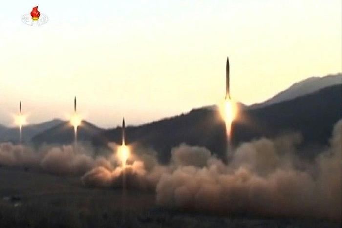 This screen grab taken from North Korean broadcaster KCTV on March 7, 2017 shows ballistic missiles being launced during a military drill from an undisclosed location in North Korea