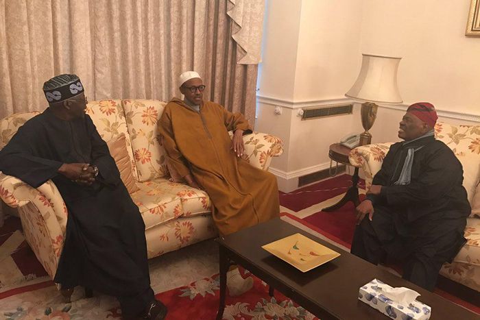 President Muhammadu Buhari meets with Asiwaju Bola Ahmed Tinubu and Chief Bisi Akande at the Abuja House in London on February 9, 2017.