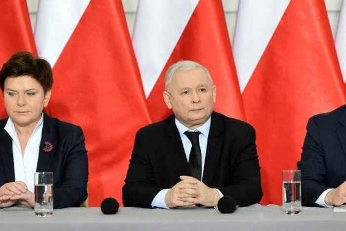 Polish Prime Minister Beata Szydlo (L), the leader of the PiS (Law and Justice) party Jaroslaw Kaczynski (C) and the speaker of the parliament Marek Kuchcinski (R) give a press conference on December 21, 2016 in Warsaw