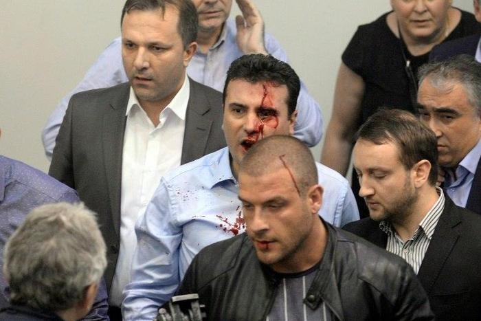 Opposition Social Democrats leader Zoran Zaev is injured in violent clashes in Macedonia's parliament on April 27, 2017
