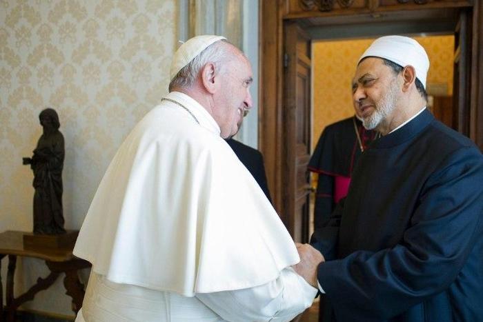 Pope Francis welcomes Egyptian Grand Imam of al-Azhar Mosque Sheikh Ahmed Mohamed al-Tayeb, during a private audience at the Vatican