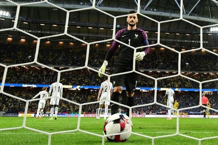 France's goalkeeper Hugo Lloris came out of his box to clear in stoppage time of a June 9, 2017 match in Sweden, but botched the kick