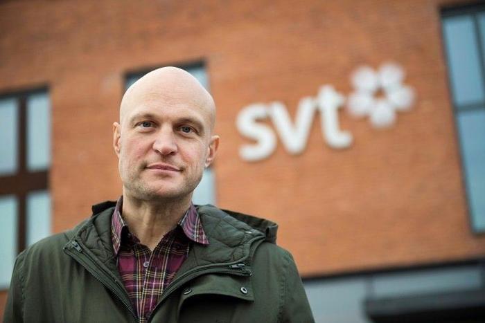 Reporter Fredrik Onnevall poses outside the SVT offices in Malmo, Sweden