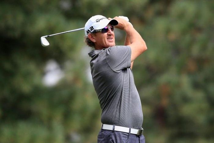 Greg Owen of England plays his shot from the third tee during the third round of the Barracuda Championship, at Montreux Country Club in Reno, Nevada, on August 5, 2017
