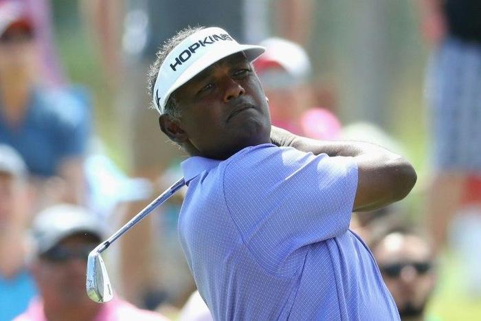 Vijay Singh of Fiji plays his shot from the third tee during the final round of THE PLAYERS Championship at the Stadium course at TPC Sawgrass on May 14, 2017 in Ponte Vedra Beach, Florida