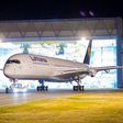 The first Airbus A350-900 for Lufthansa is rolled out of the Airbus paint shop